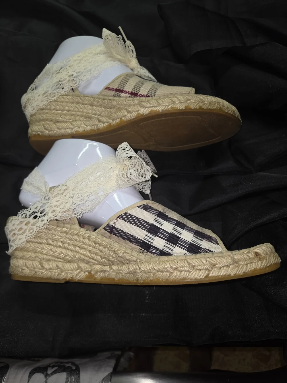 Burberry Beige Plaid Lace-Up Espadrille Sandals